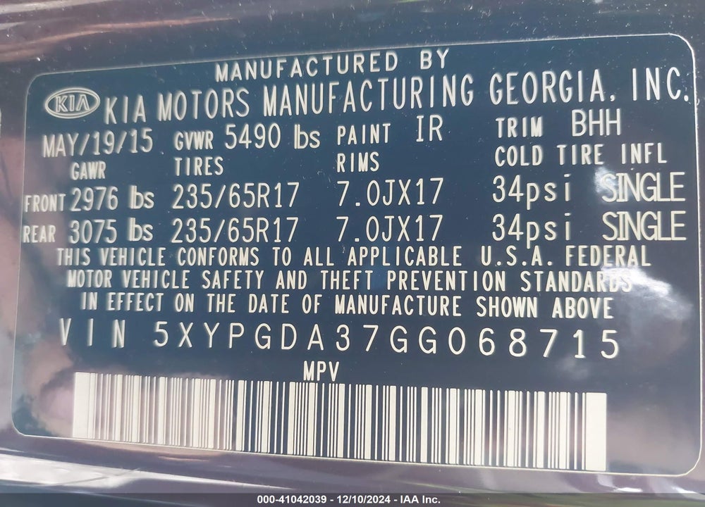 2016 KIA SORENTO 2.4L LX VIN: 5XYPGDA37GG068715