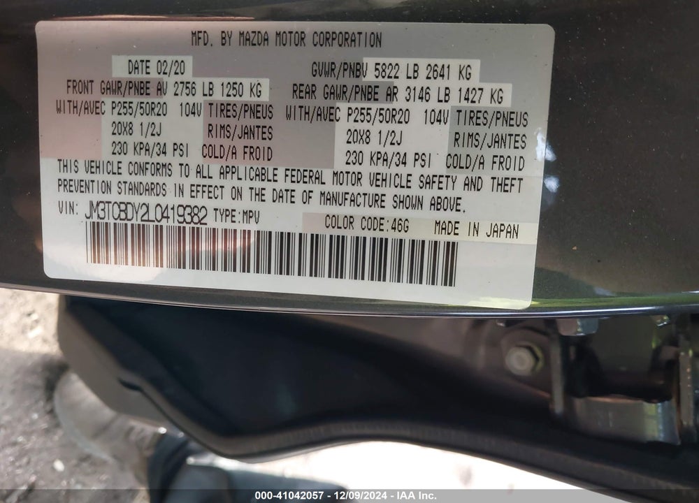 2020 MAZDA CX-9 GRAND TOURING VIN: JM3TCBDY2L0419382