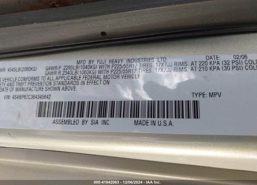 2006 SUBARU OUTBACK VIN: 4S4BP67C364345642