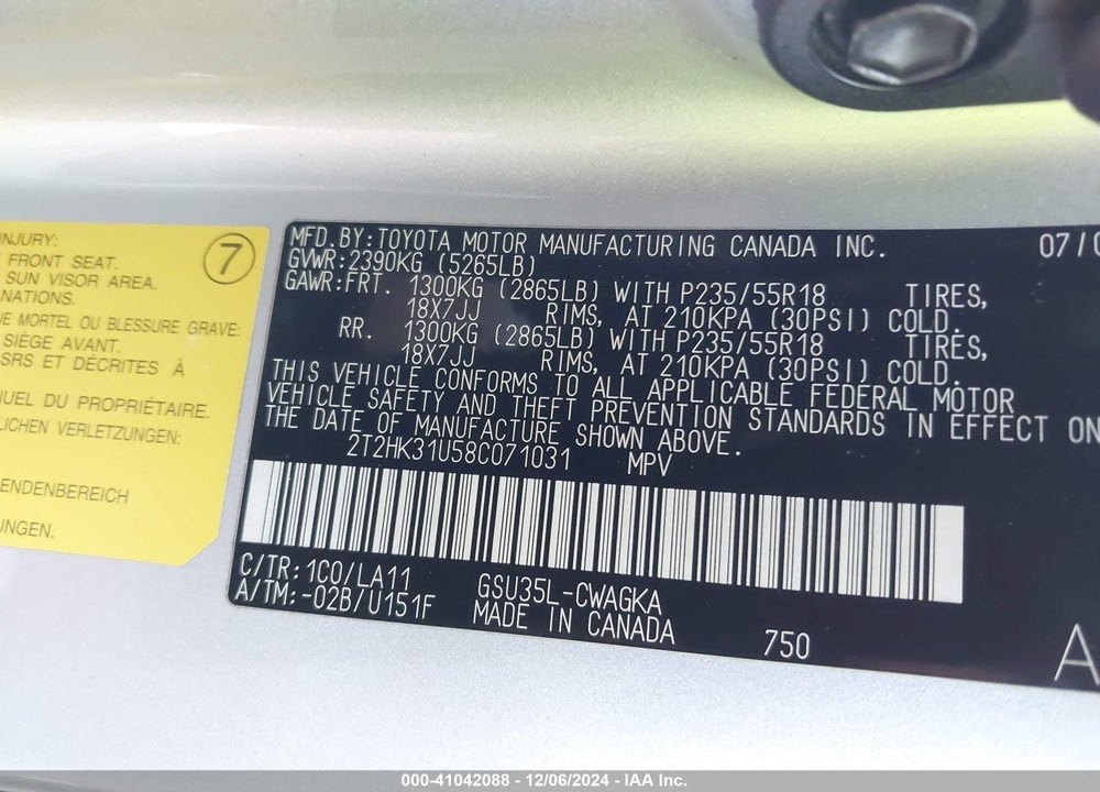 2008 LEXUS RX 350 VIN: 2T2HK31U58C071031