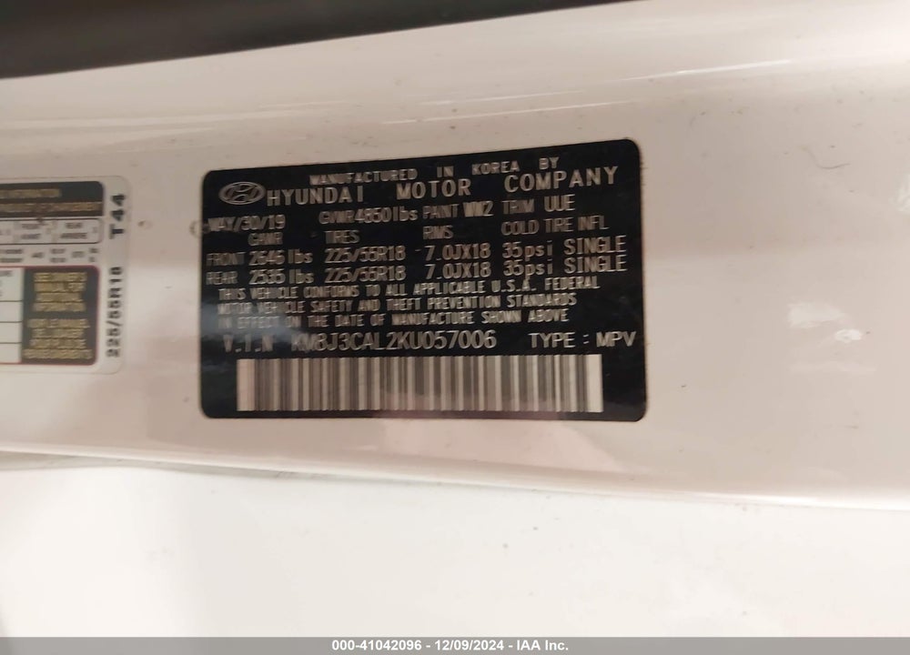 2019 HYUNDAI TUCSON VIN: KM8J3CAL2KU057006