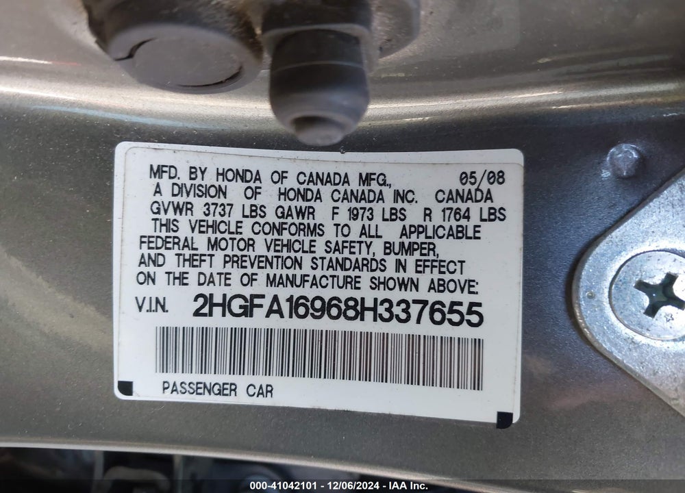 2008 HONDA CIVIC EX-L VIN: 2HGFA16968H337655