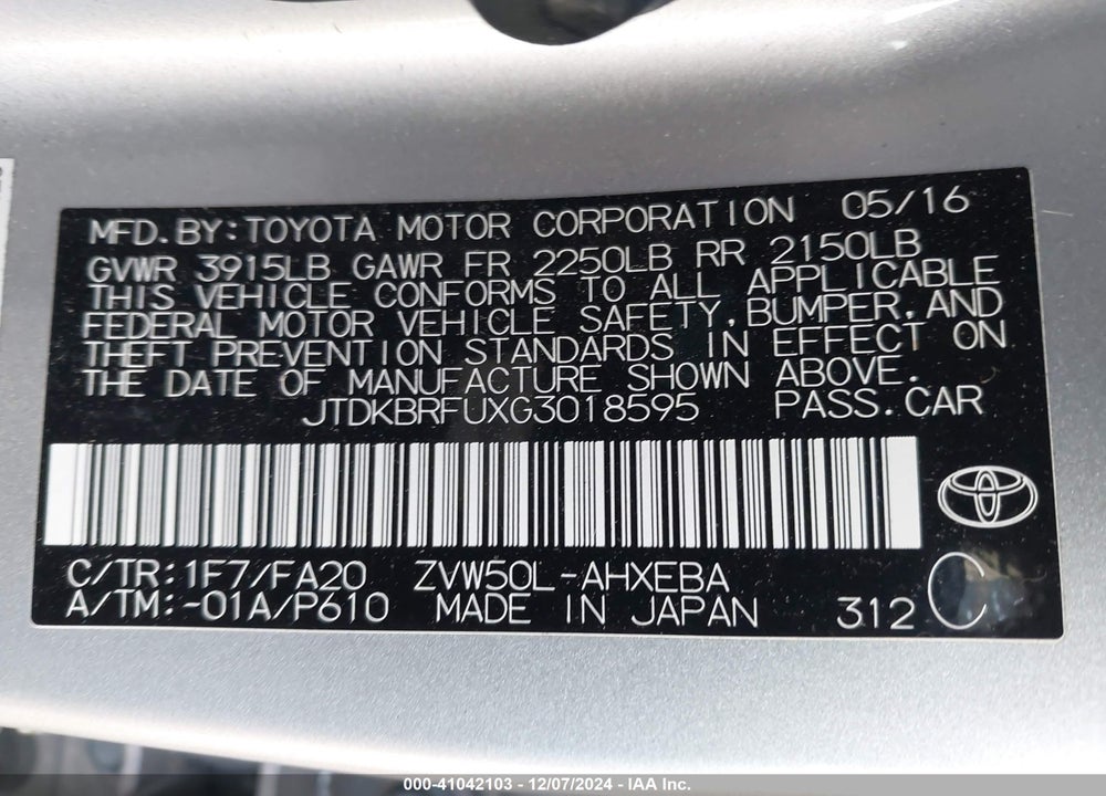 2016 TOYOTA PRIUS TWO VIN: JTDKBRFUXG3018595