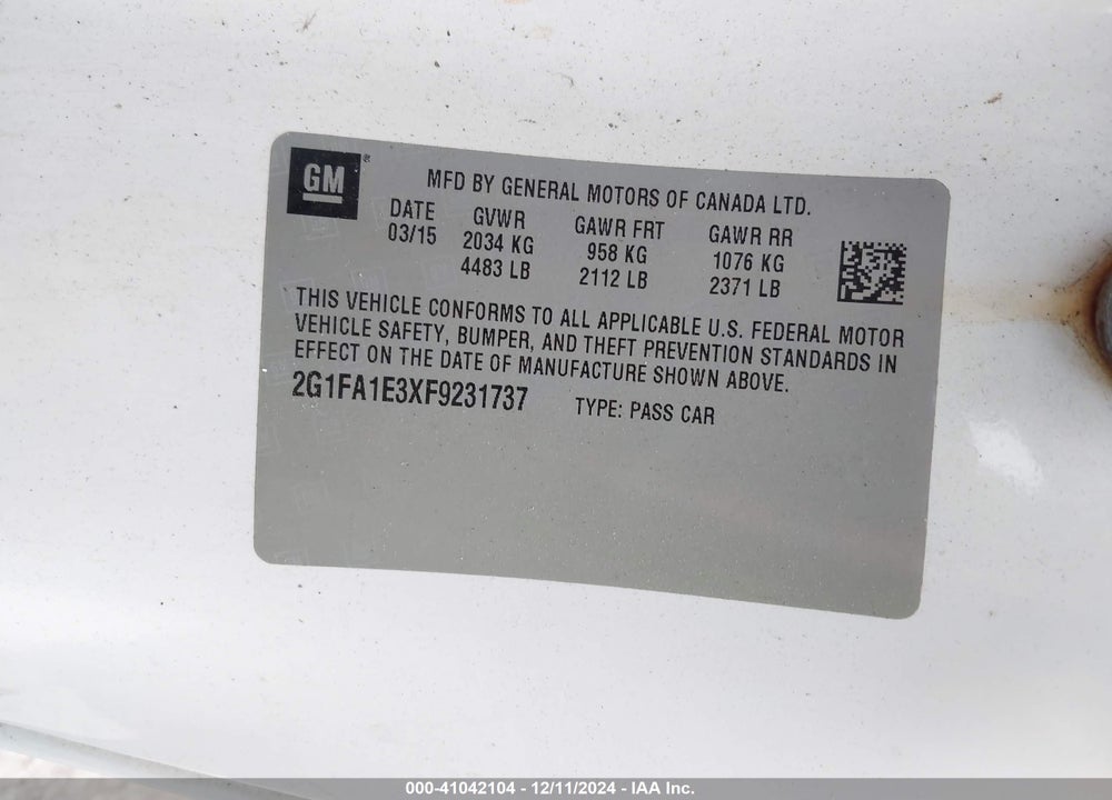 2015 CHEVROLET CAMARO 1LS VIN: 2G1FA1E3XF9231737