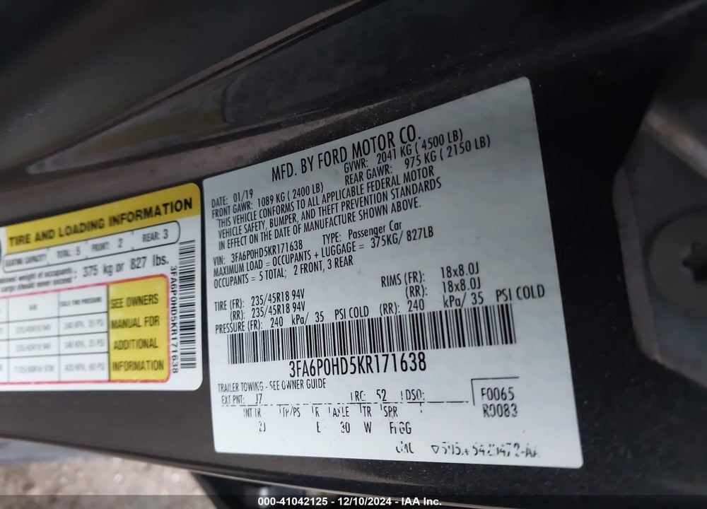 2019 FORD FUSION SE VIN: 3FA6P0HD5KR171638