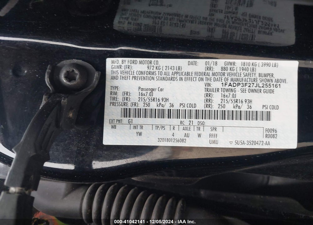 2018 FORD FOCUS SE VIN: 1FADP3F27JL255161