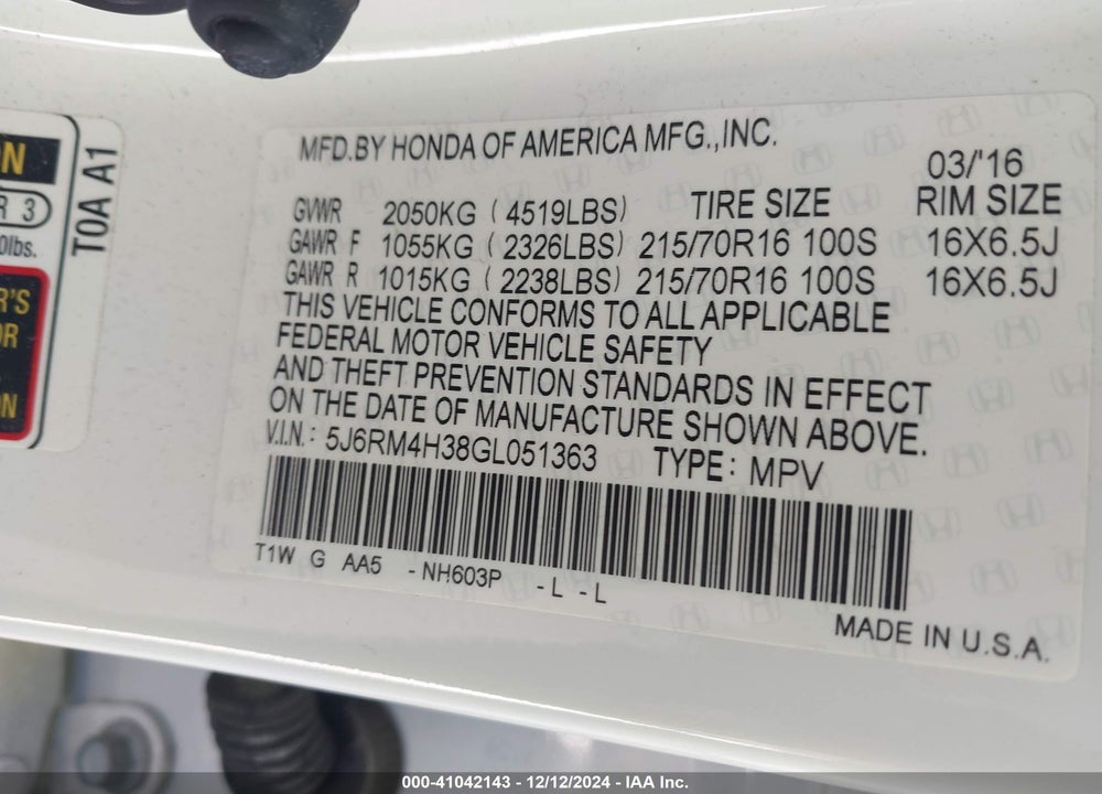 2016 HONDA CR-V LX VIN: 5J6RM4H38GL051363