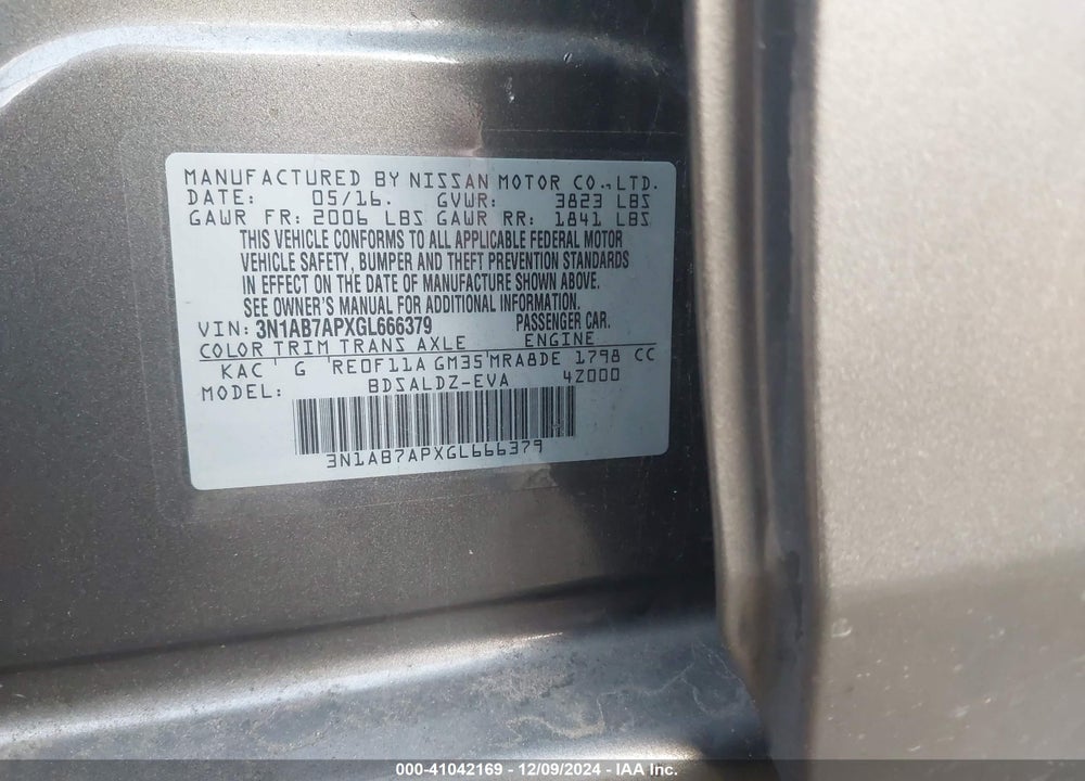 2016 NISSAN SENTRA FE+ S/S/SL/SR/SV VIN: 3N1AB7APXGL666379