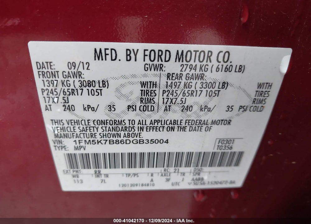 2013 FORD EXPLORER VIN: 1FM5K7B86DGB35004