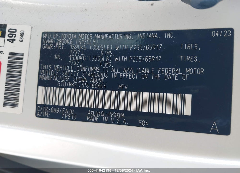 2023 TOYOTA SIENNA XLE VIN: 5TDYRKEC2PS160864