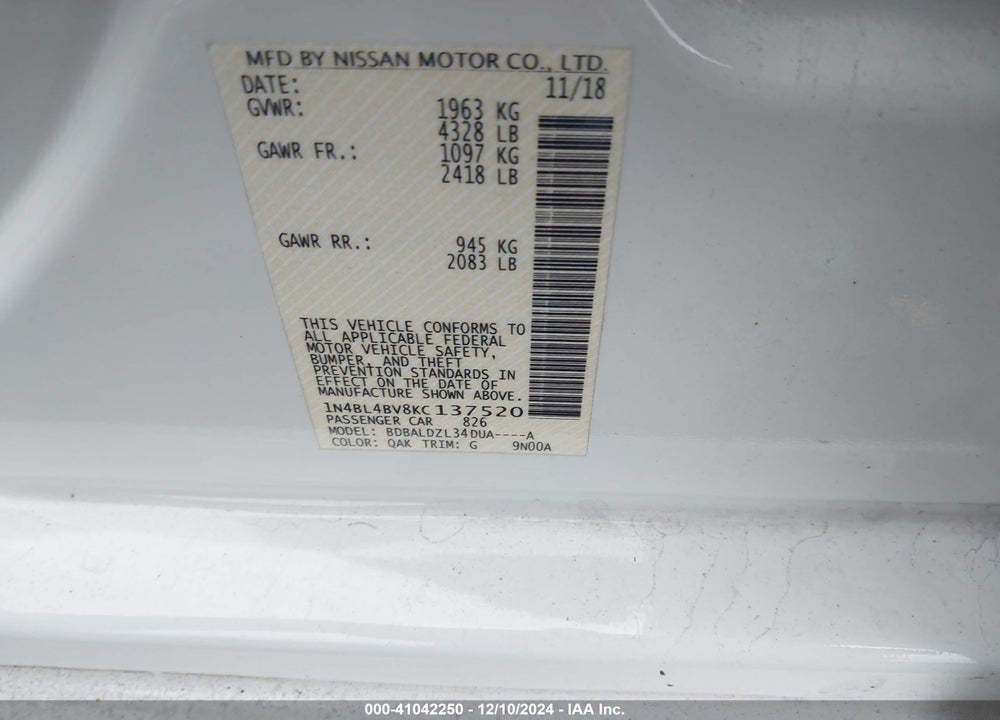 2019 NISSAN ALTIMA 2.5 S VIN: 1N4BL4BV8KC137520