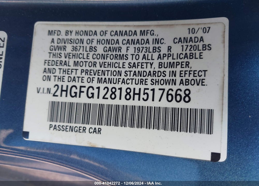2008 HONDA CIVIC EX VIN: 2HGFG12818H517668