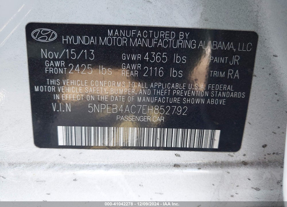 2014 HYUNDAI SONATA GLS VIN: 5NPEB4AC7EH852792