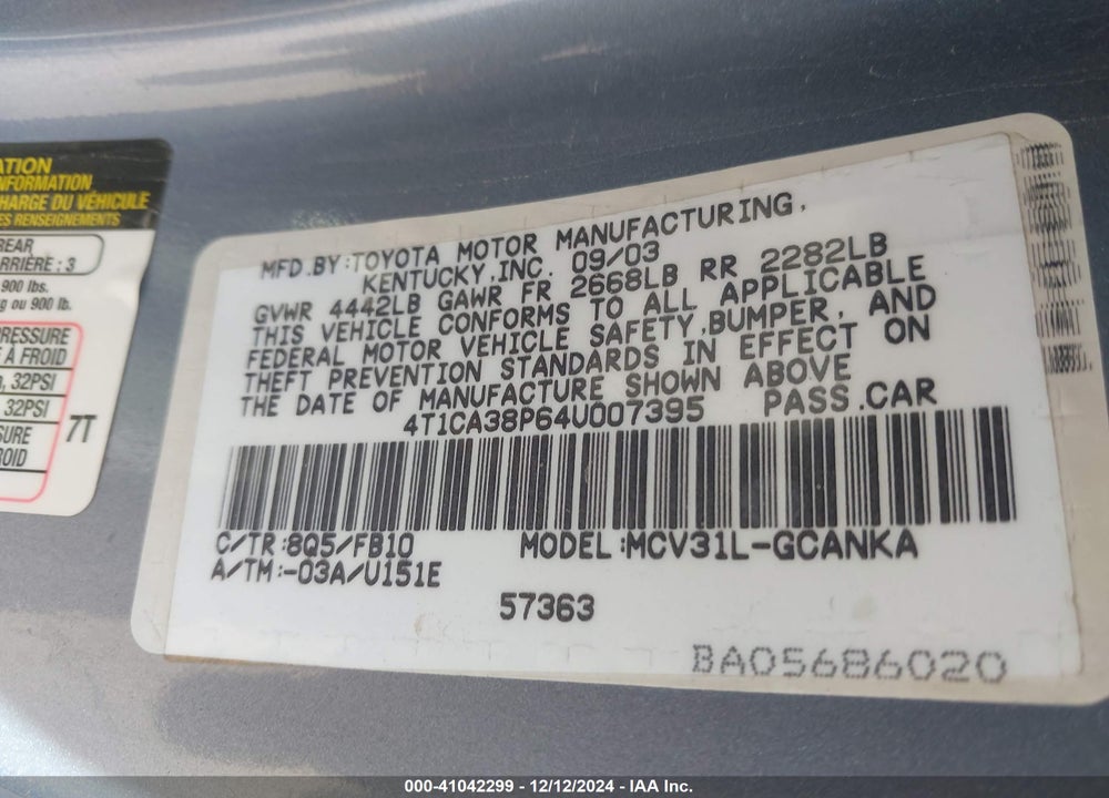 2004 TOYOTA CAMRY SOLARA SE V6 VIN: 4T1CA38P64U007395