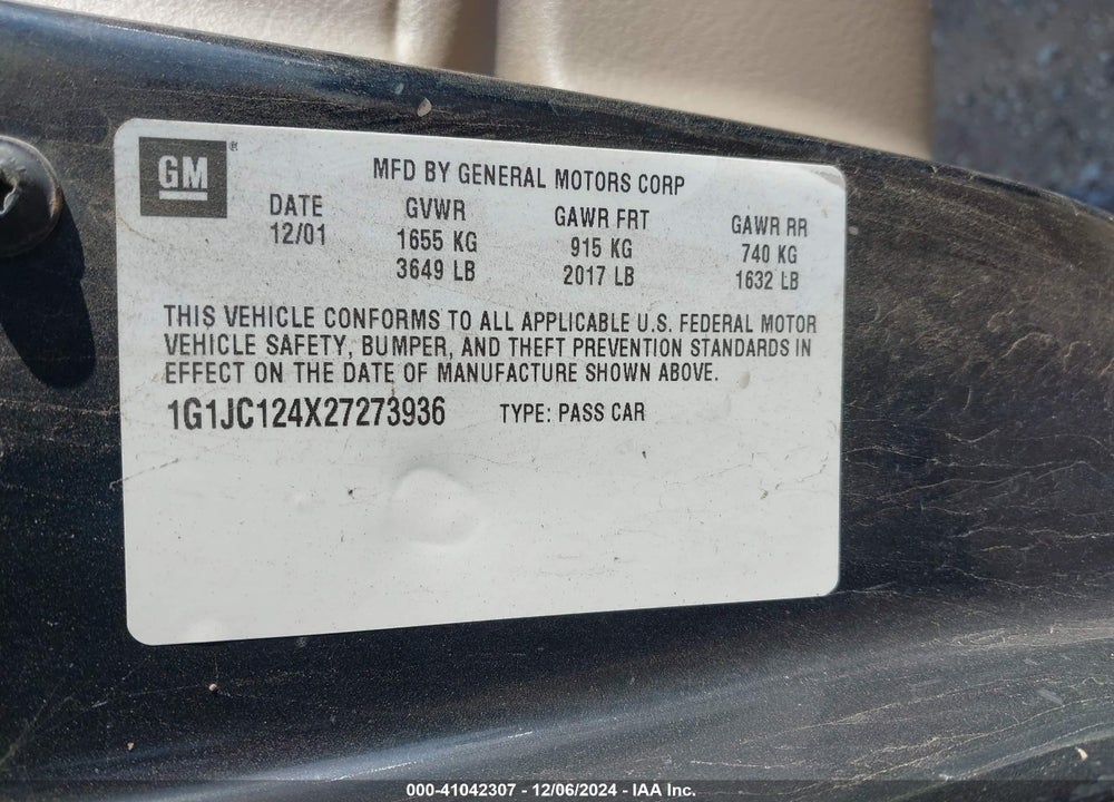 2002 CHEVROLET CAVALIER VIN: 1G1JC124X27273936