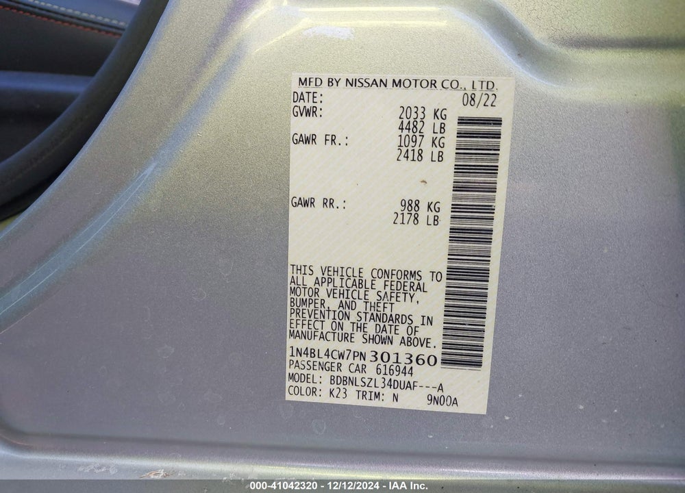 2023 NISSAN ALTIMA SR INTELLIGENT AWD VIN: 1N4BL4CW7PN301360