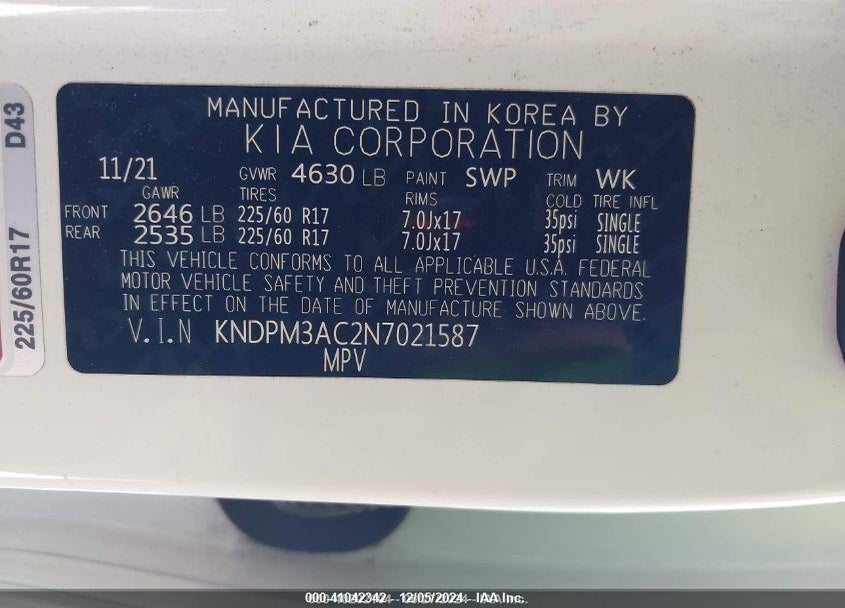 2022 KIA SPORTAGE LX VIN: KNDPM3AC2N7021587