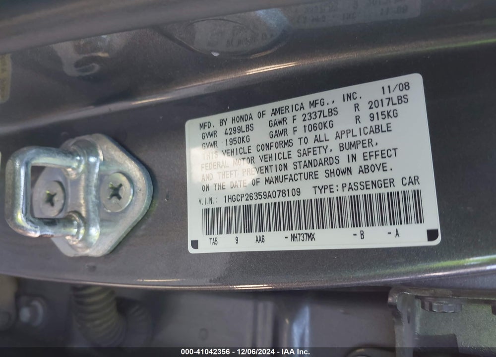 2009 HONDA ACCORD 2.4 LX VIN: 1HGCP26359A078109