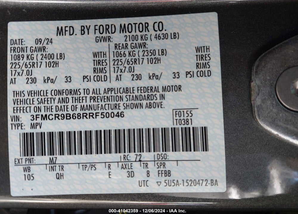 2024 FORD BRONCO SPORT BIG BEND VIN: 3FMCR9B68RRF50046