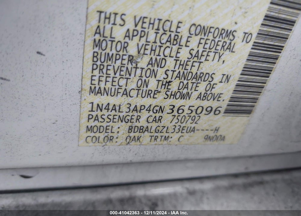 2016 NISSAN ALTIMA VIN: 1N4AL3AP4GN365096