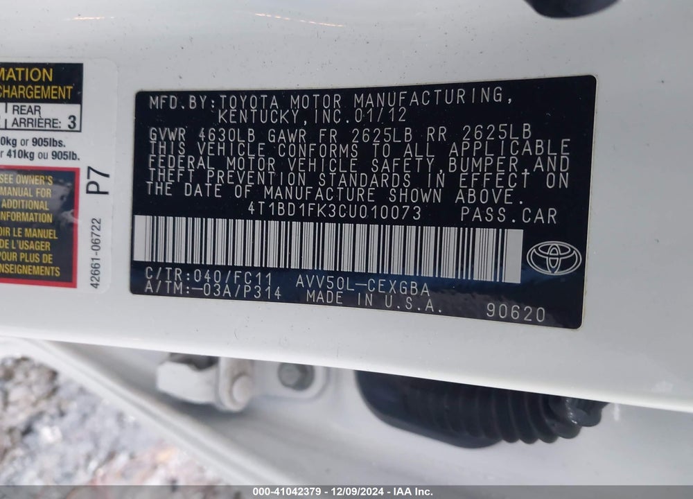 2012 TOYOTA CAMRY HYBRID VIN: 4T1BD1FK3CU010073