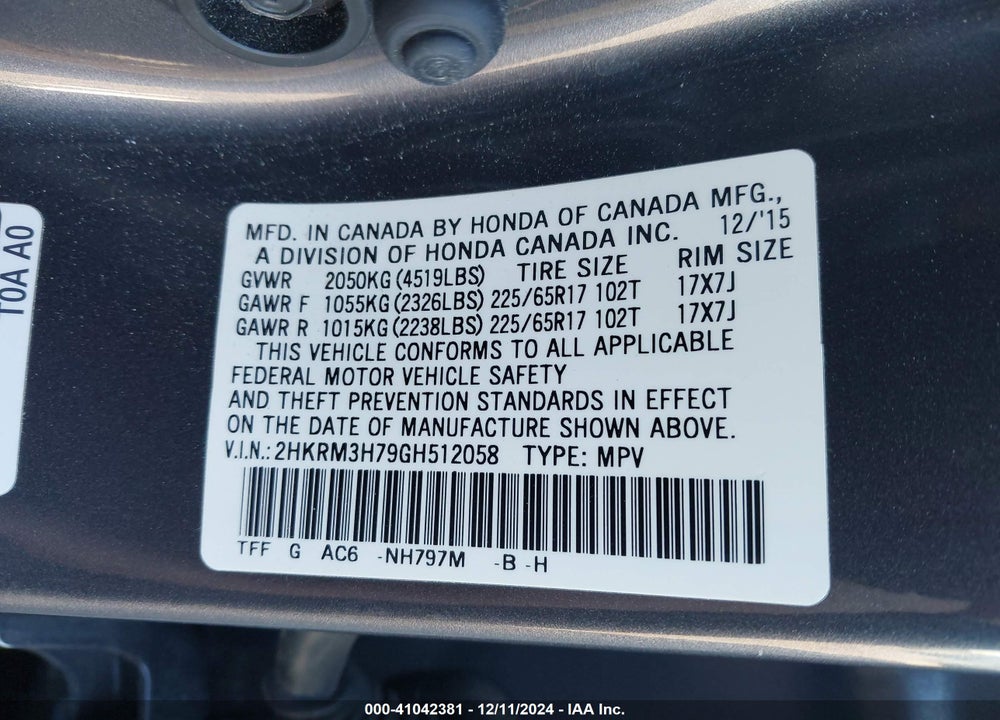 2016 HONDA CR-V EX-L VIN: 2HKRM3H79GH512058