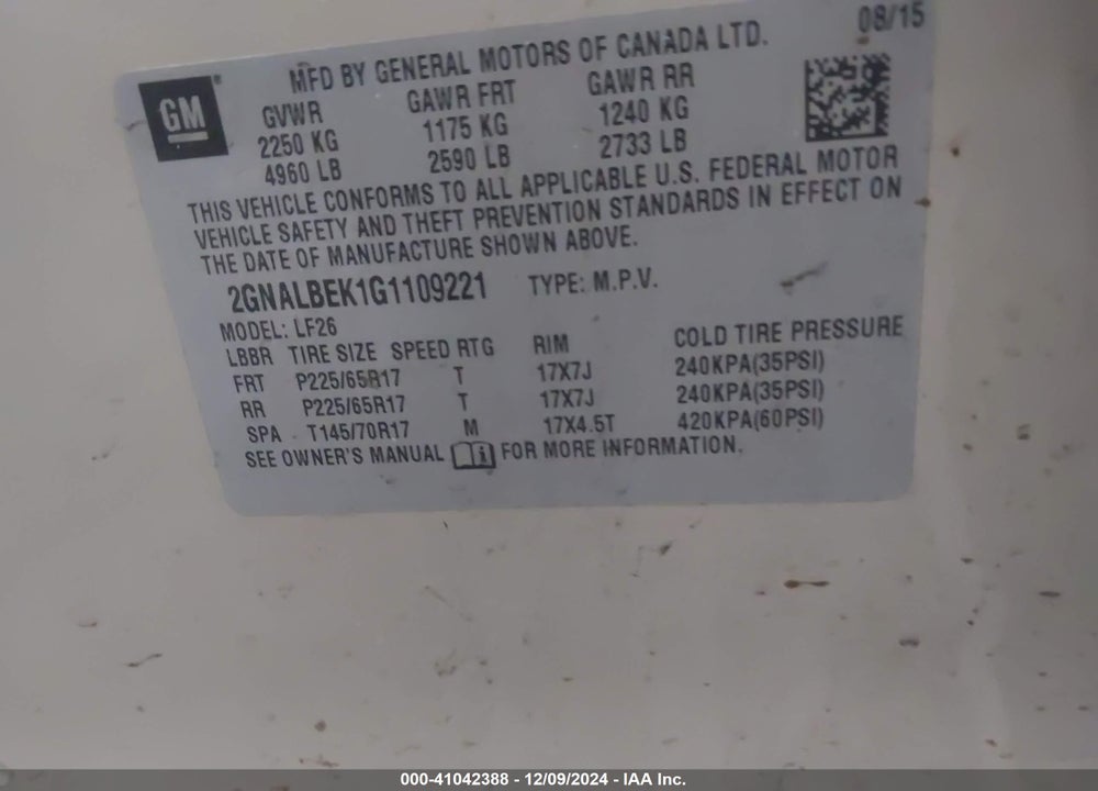 2016 CHEVROLET EQUINOX LS VIN: 2GNALBEK1G1109221