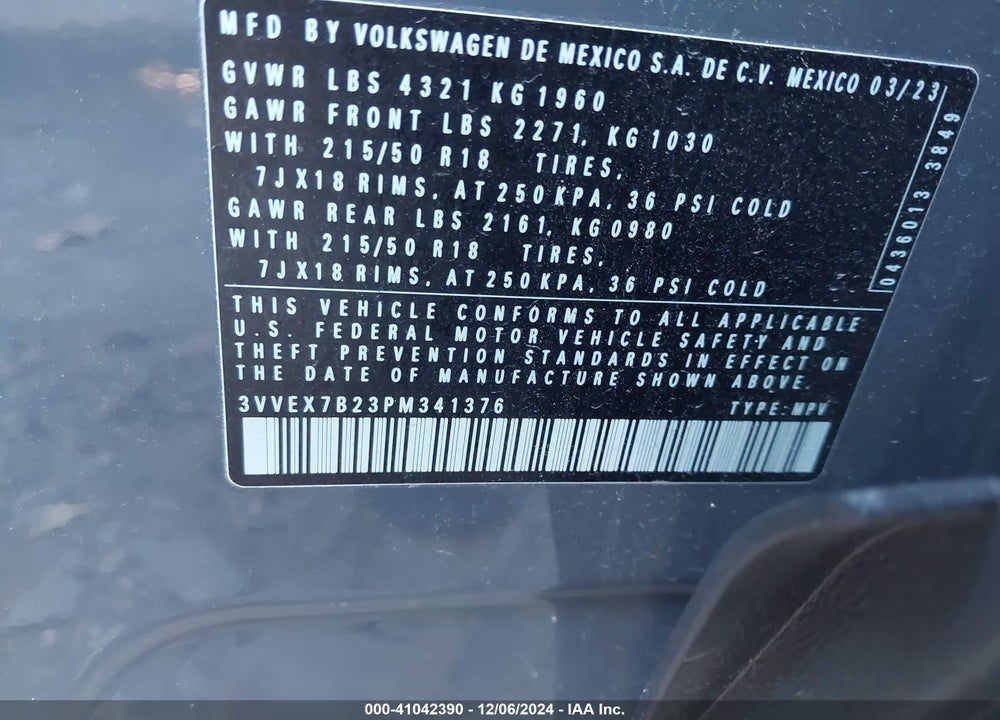 2023 VOLKSWAGEN TAOS 1.5T SE VIN: 3VVEX7B23PM341376