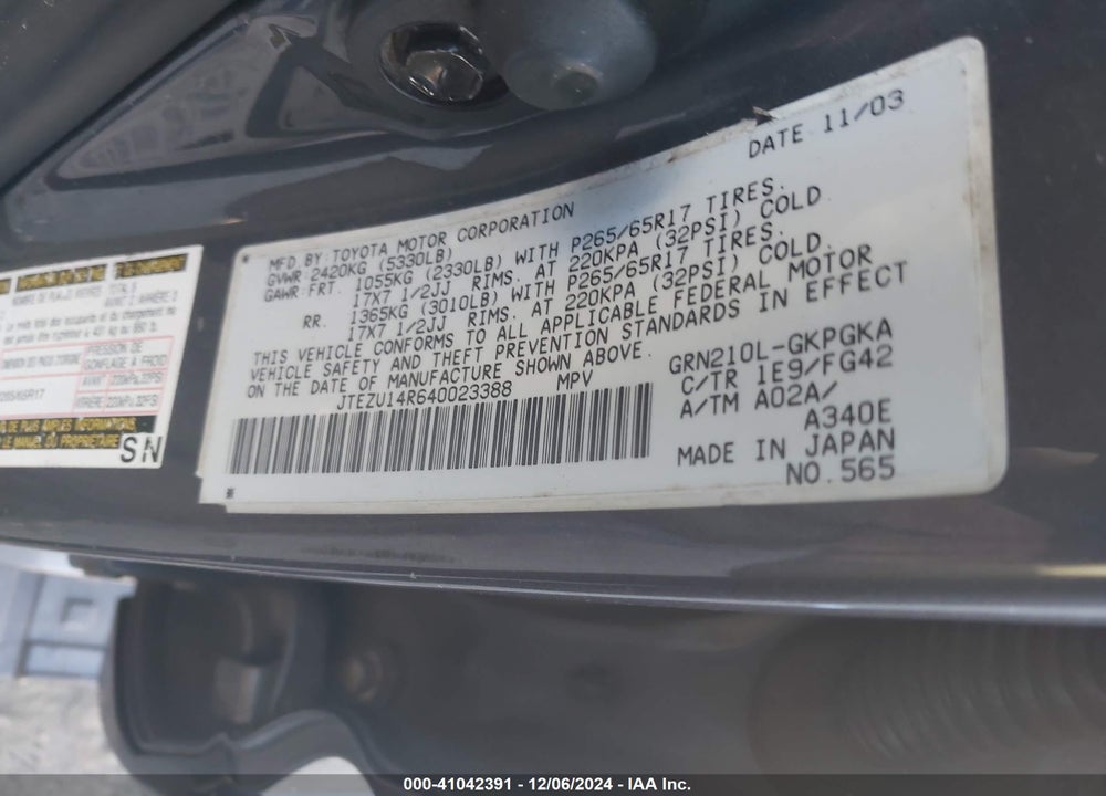 2004 TOYOTA 4RUNNER SR5 V6 VIN: JTEZU14R640023388