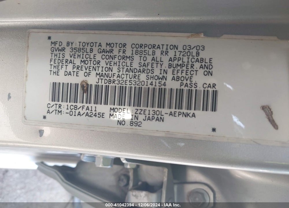 2003 TOYOTA COROLLA LE VIN: JTDBR32E532014154