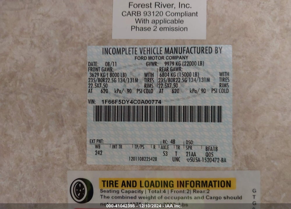 2012 FORD F53 VIN: 1F66F5DY4C0A00774