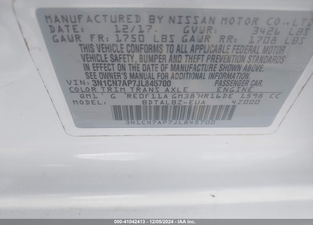 2018 NISSAN VERSA 1.6 SV VIN: 3N1CN7AP7JL845700