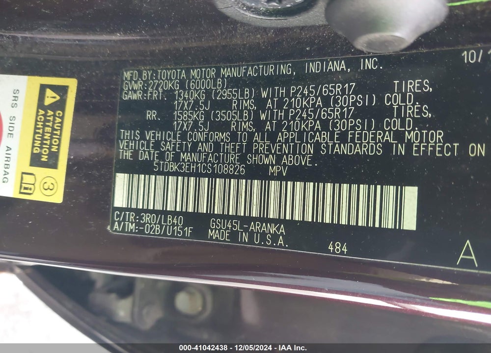 2012 TOYOTA HIGHLANDER SE V6 VIN: 5TDBK3EH1CS108826
