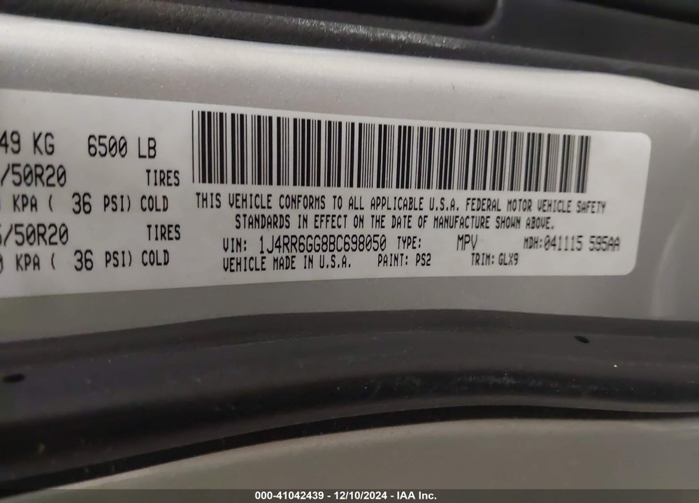 2011 JEEP GRAND CHEROKEE OVERLAND VIN: 1J4RR6GG8BC698050