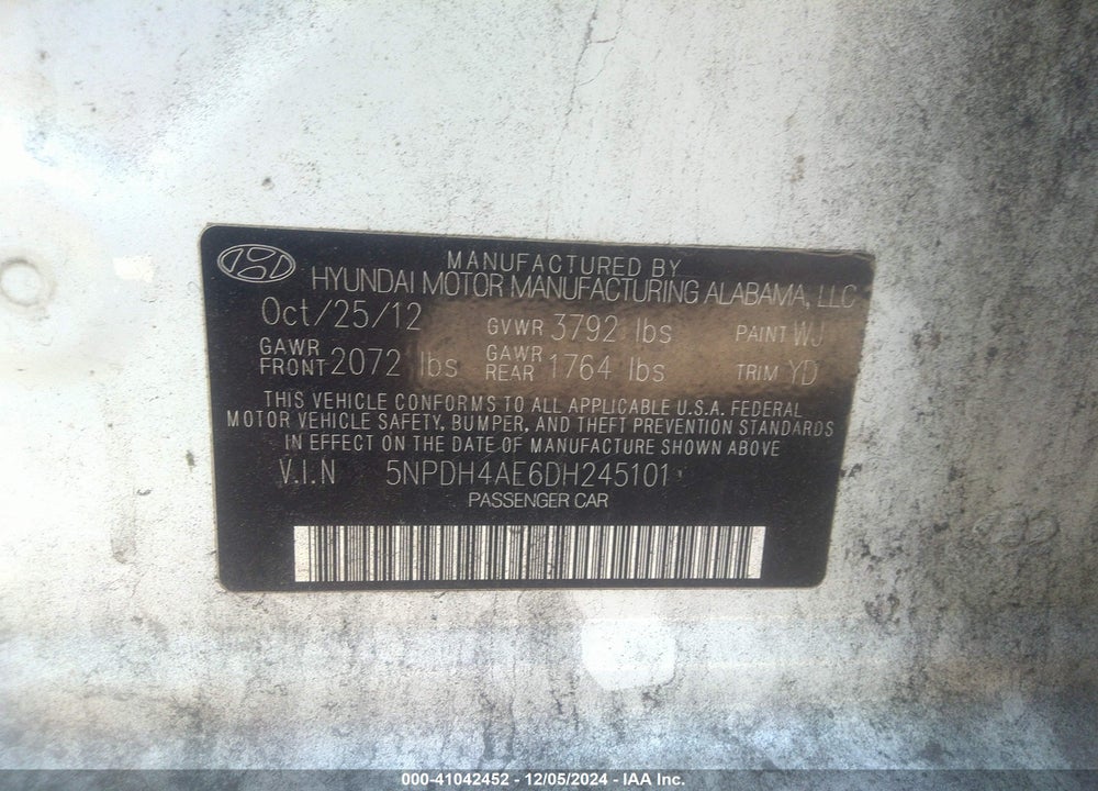 2013 HYUNDAI ELANTRA VIN: 5NPDH4AE6DH245101