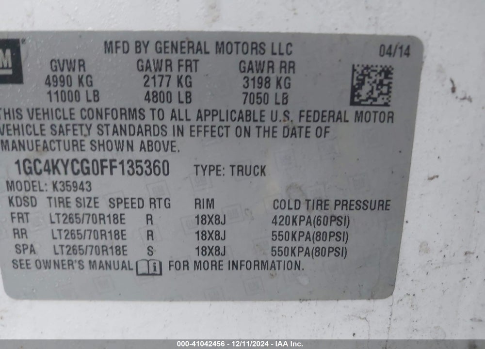 2015 CHEVROLET SILVERADO 3500HD WT VIN: 1GC4KYCG0FF135360