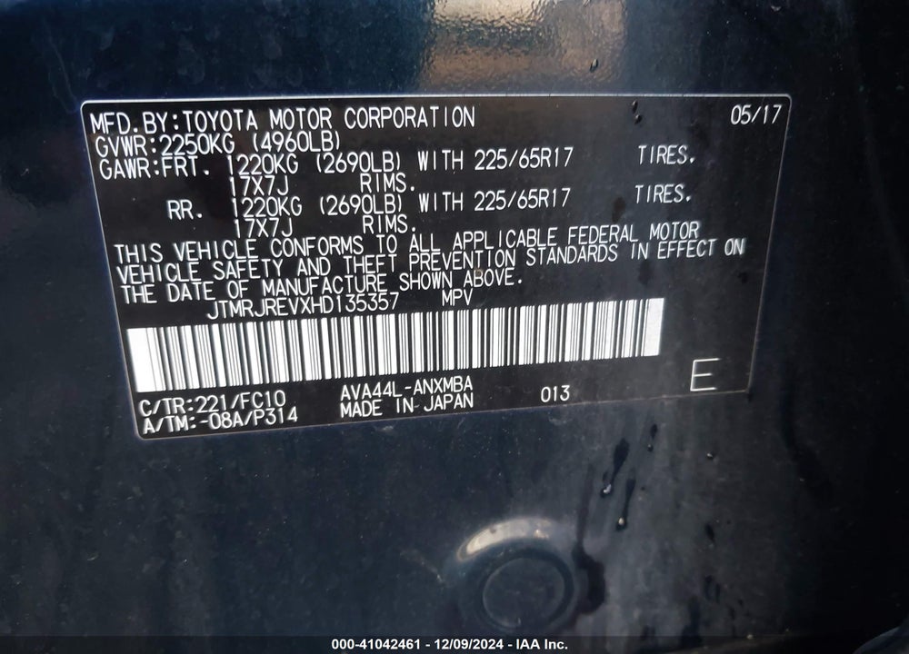 2017 TOYOTA RAV4 HV LE/XLE VIN: JTMRJREVXHD135357