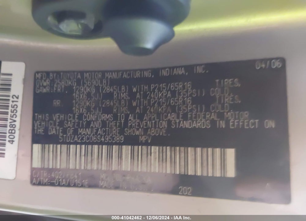 2006 TOYOTA SIENNA CE VIN: 5TDZA23C06S495389