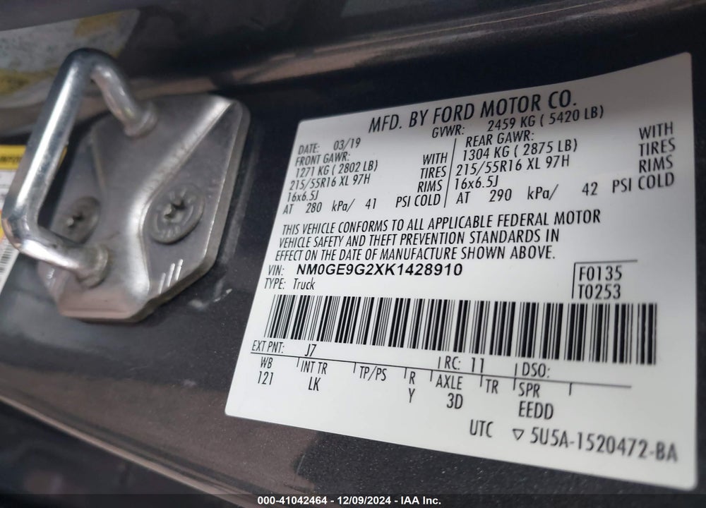 2019 FORD TRANSIT CONNECT TITANIUM VIN: NM0GE9G2XK1428910