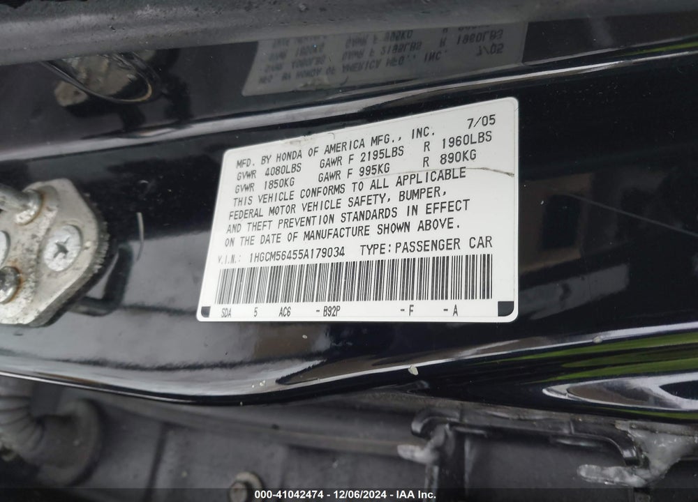 2005 HONDA ACCORD 2.4 LX VIN: 1HGCM56455A179034