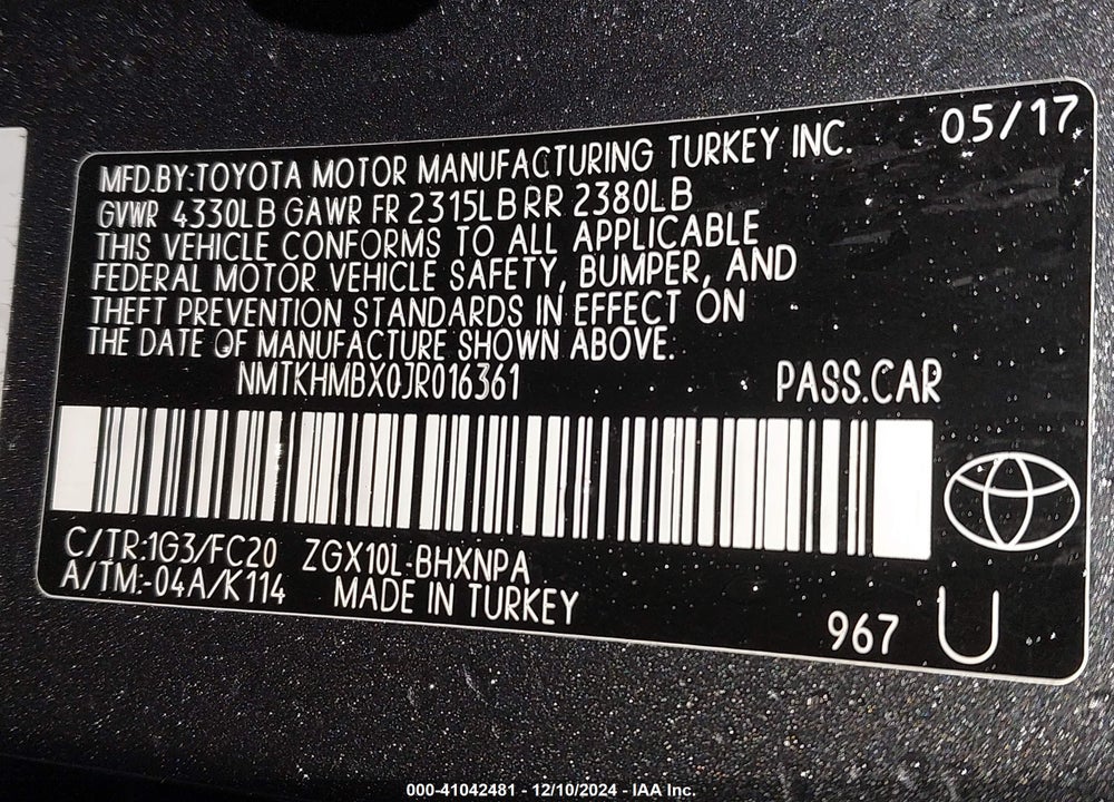 2018 TOYOTA C-HR VIN: NMTKHMBX0JR016361