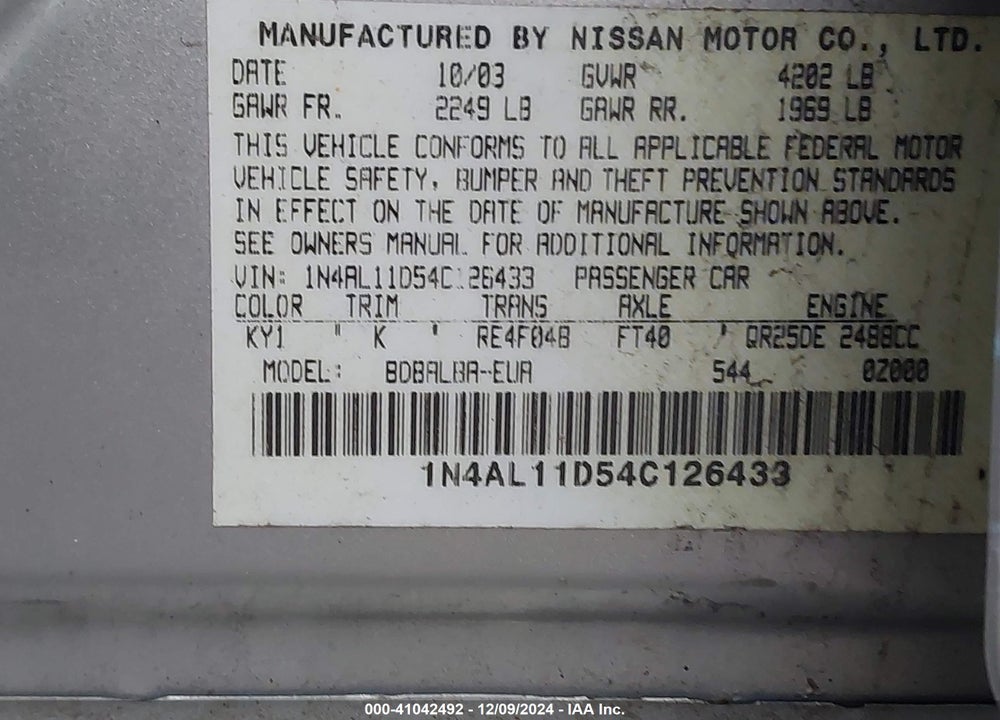 2004 NISSAN ALTIMA 2.5 S VIN: 1N4AL11D54C126433