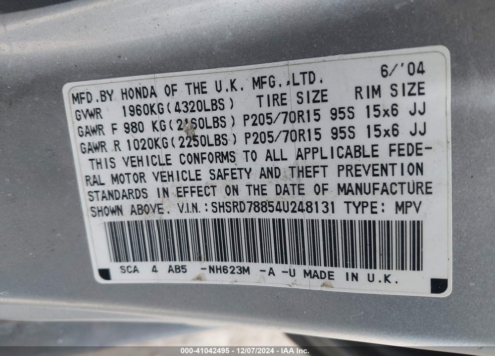 2004 HONDA CR-V EX VIN: SHSRD78854U248131