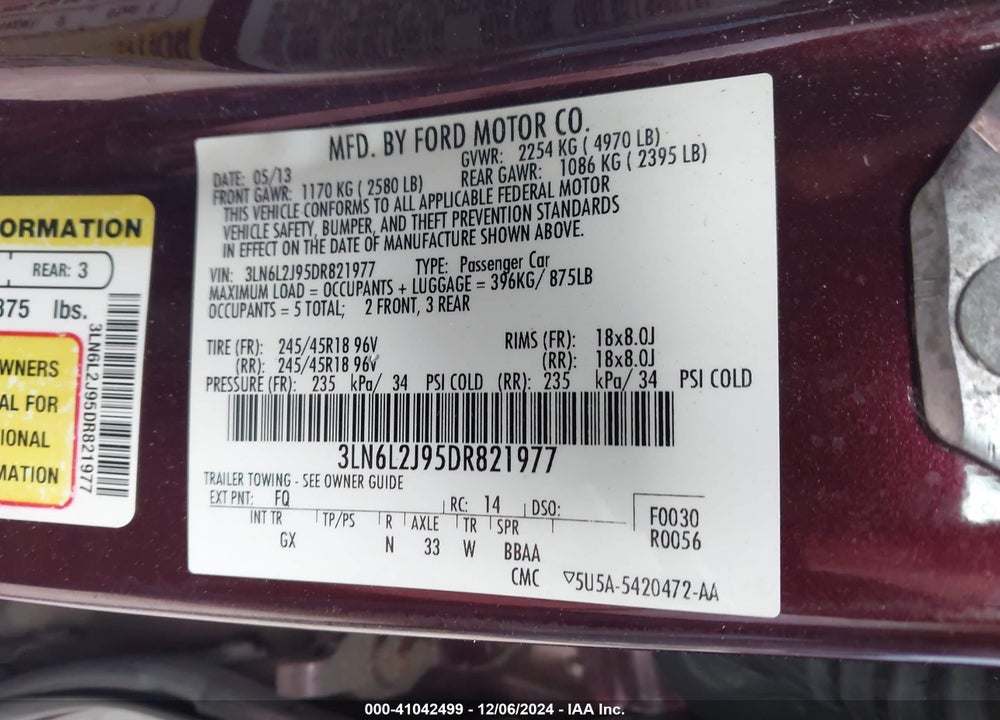 2013 LINCOLN MKZ VIN: 3LN6L2J95DR821977