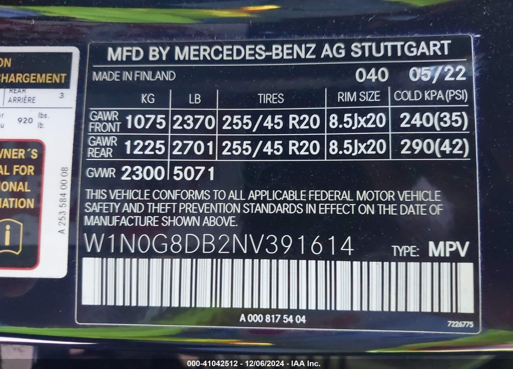 2022 MERCEDES-BENZ GLC 300 SUV VIN: W1N0G8DB2NV391614