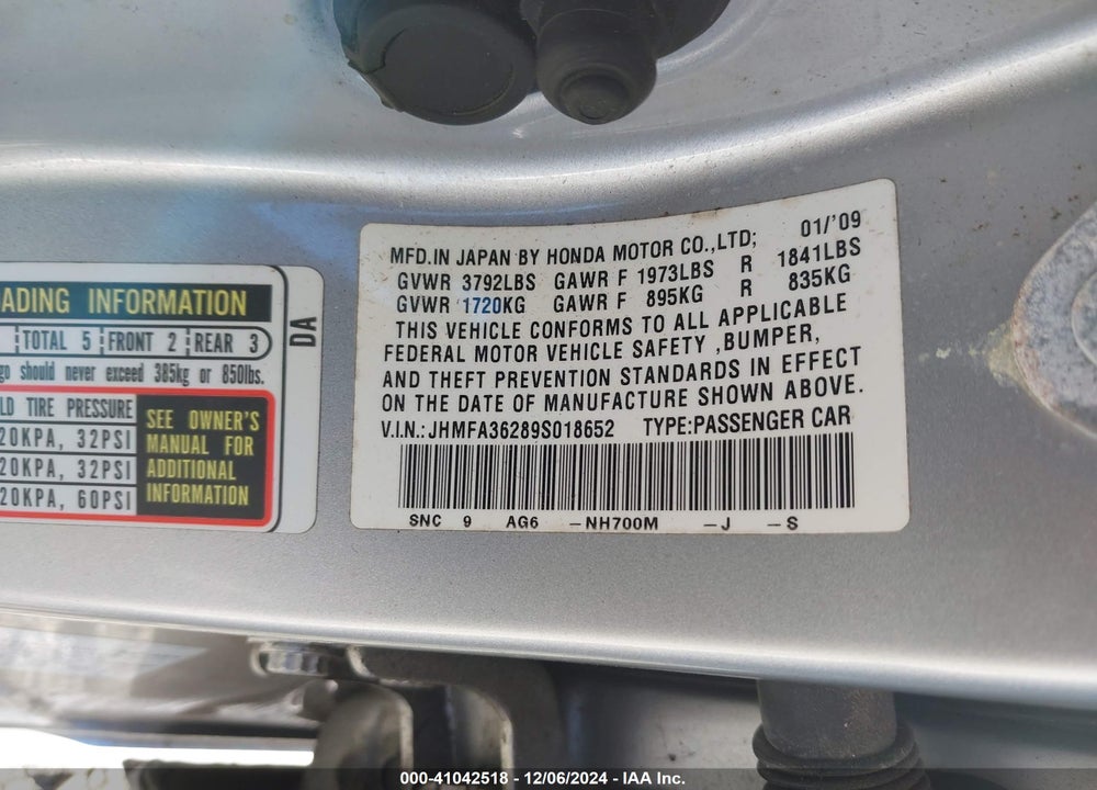 2009 HONDA CIVIC VIN: JHMFA36289S018652