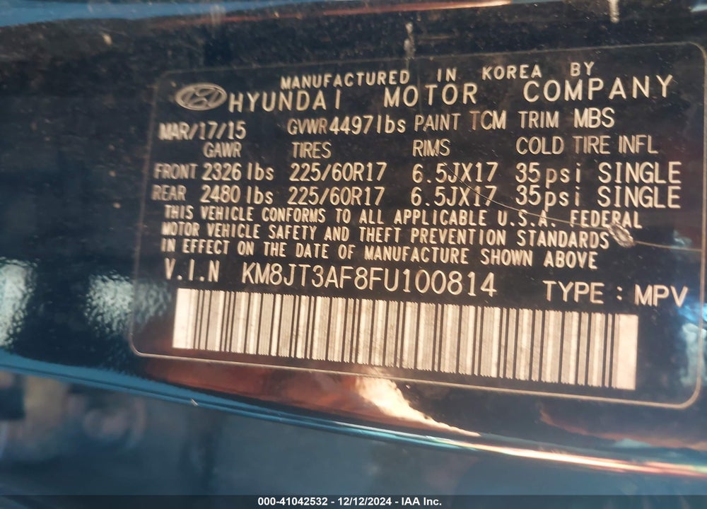 2015 HYUNDAI TUCSON GLS VIN: KM8JT3AF8FU100814