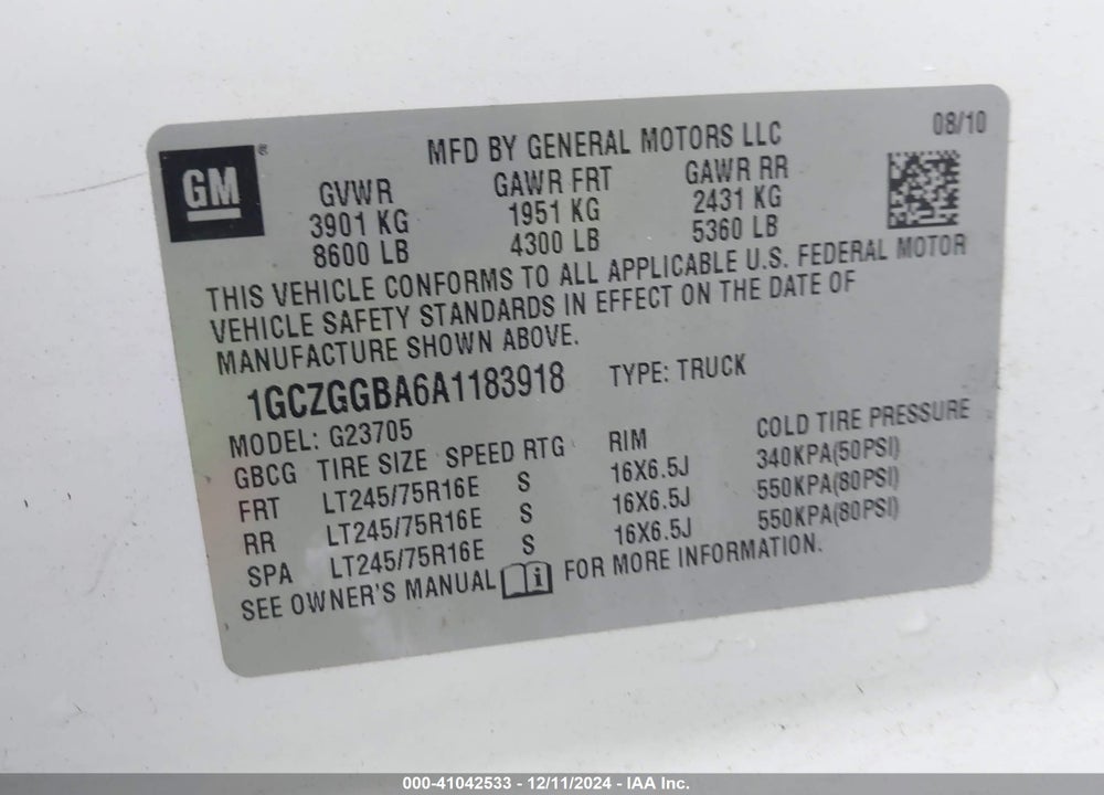 2010 CHEVROLET EXPRESS 2500 WORK VAN VIN: 1GCZGGBA6A1183918