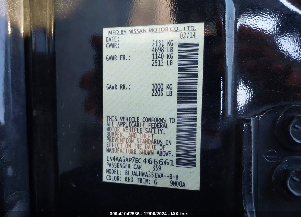 2014 NISSAN MAXIMA 3.5 SV VIN: 1N4AA5AP7EC466661