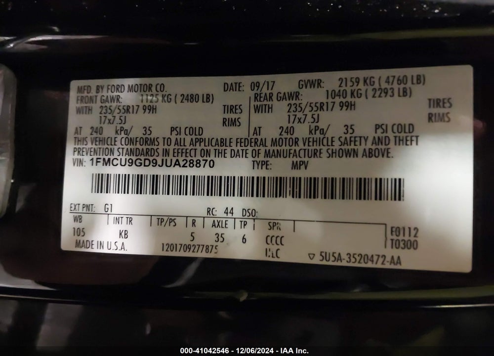 2018 FORD ESCAPE SE VIN: 1FMCU9GD9JUA28870